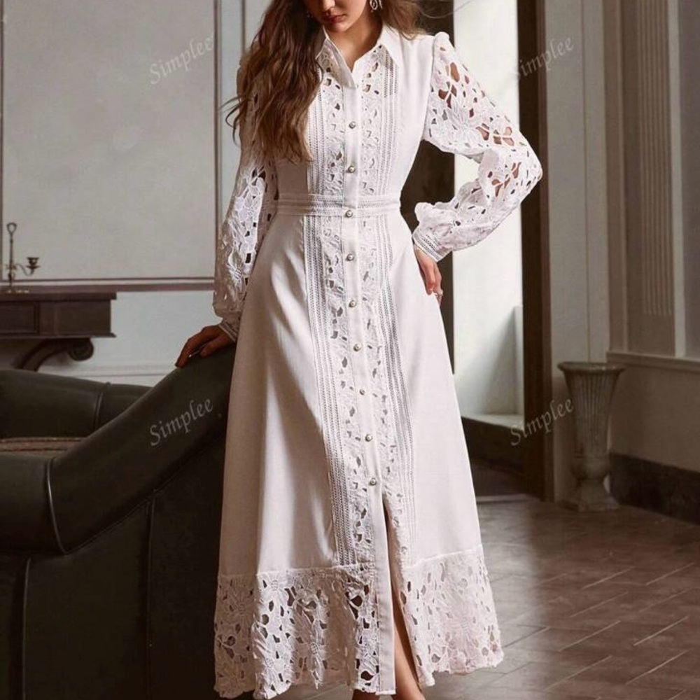 Simple Ivory Lace Long Sleeve Dress